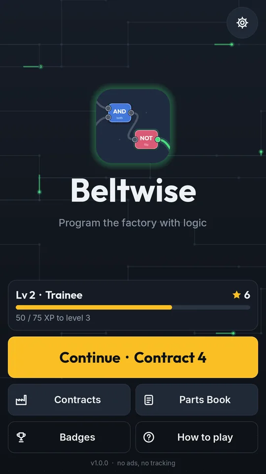 The Beltwise title screen with level, stars and the Continue button