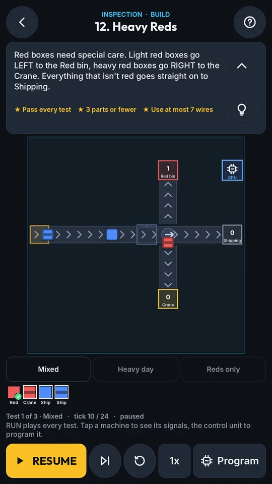 A sorting contract: boxes ride a belt past a scanner, and a sorter pushes red boxes to two bins