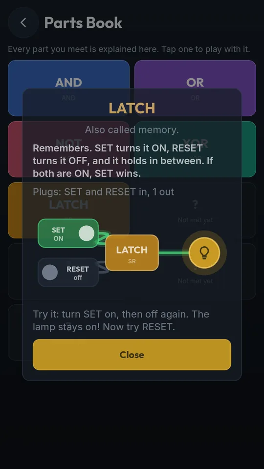 The Parts Book page for LATCH, with a playground to try it